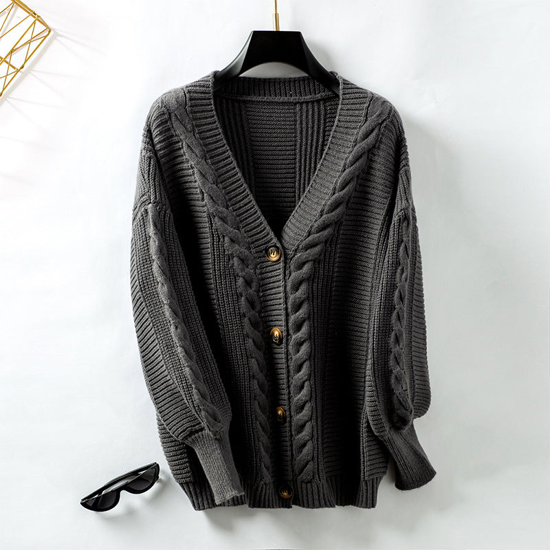 Knitted women's jacket with cable design and gold button details Lune London