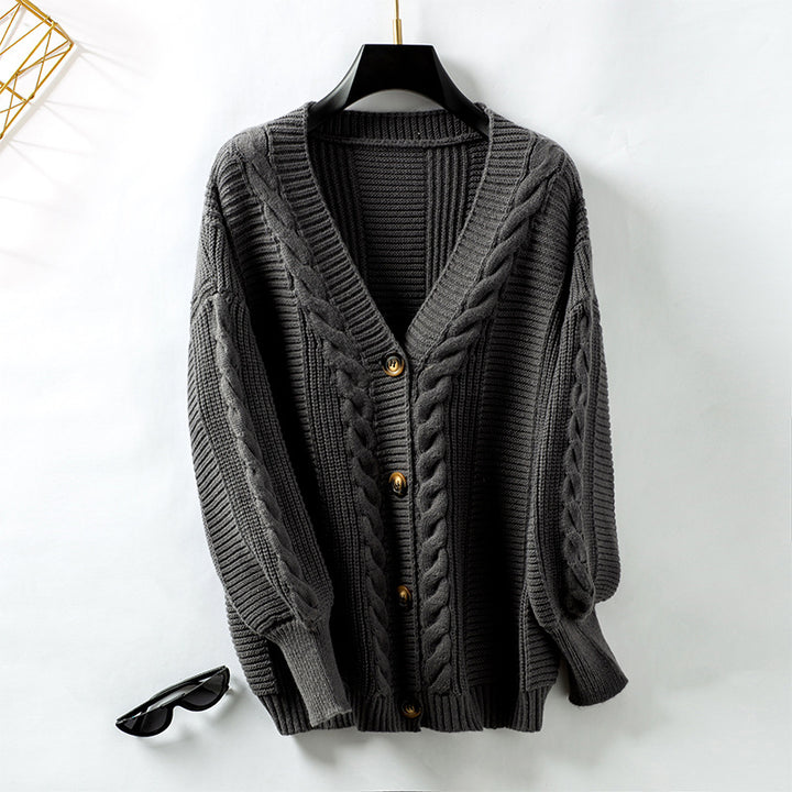 Knitted women's jacket with cable design and gold button details Lune London