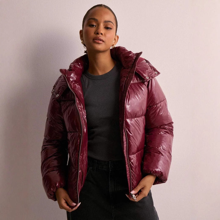 Ladies Shiny Quilted Jacket with Removable Hood Lune London