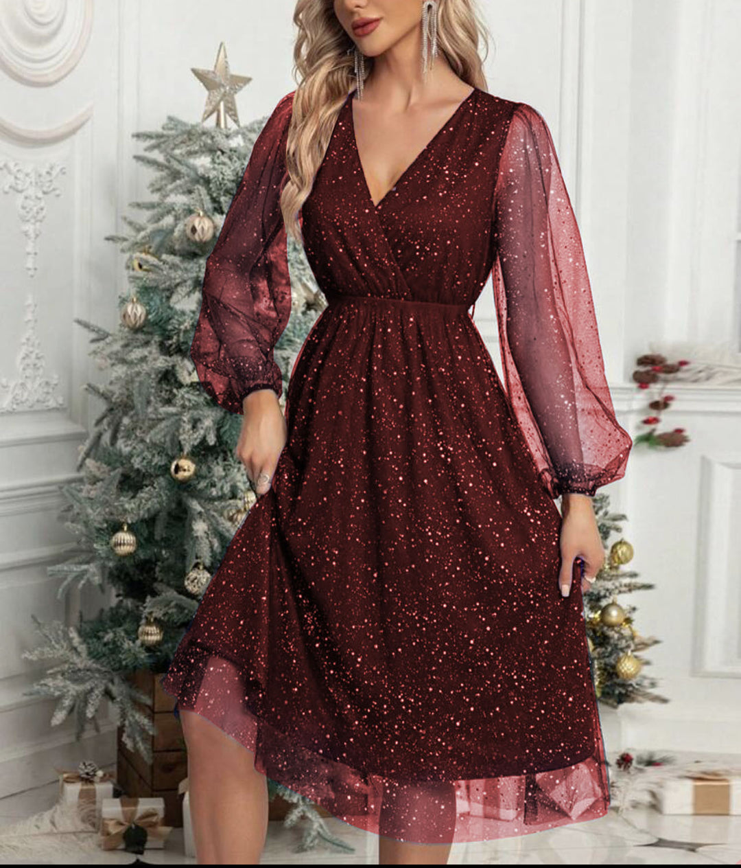 Glamorous midi dress for women with transparent puff sleeves and a sparkling sequin pattern Lune London