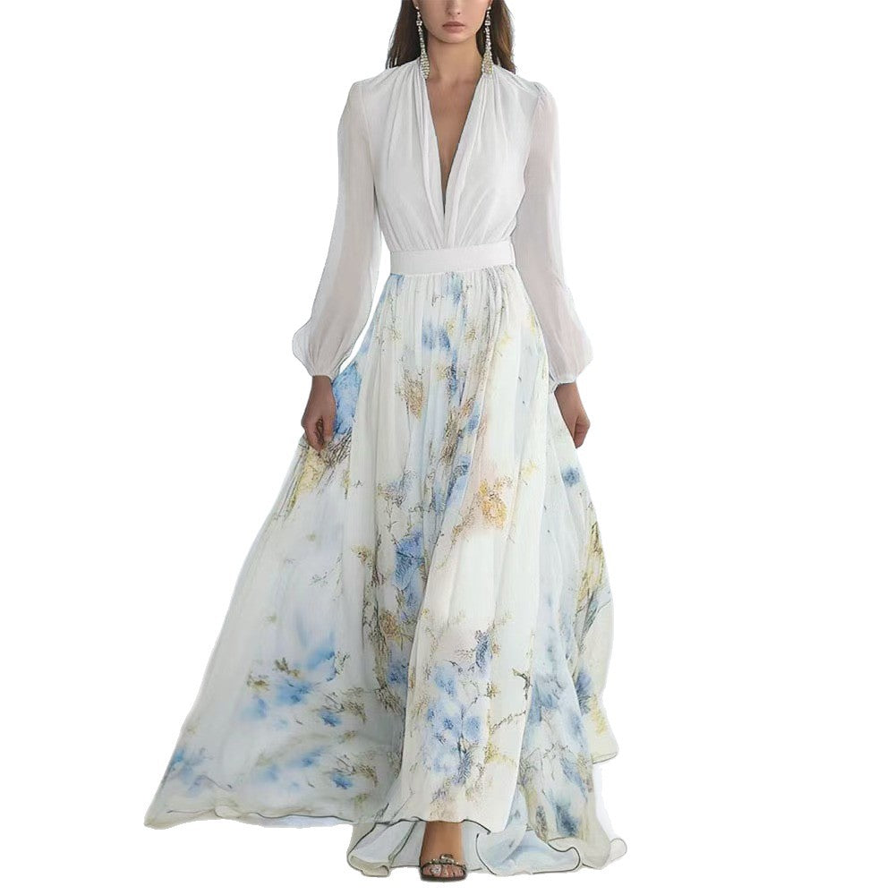 Lune London Elegant puff sleeve floral chiffon maxi dress for women