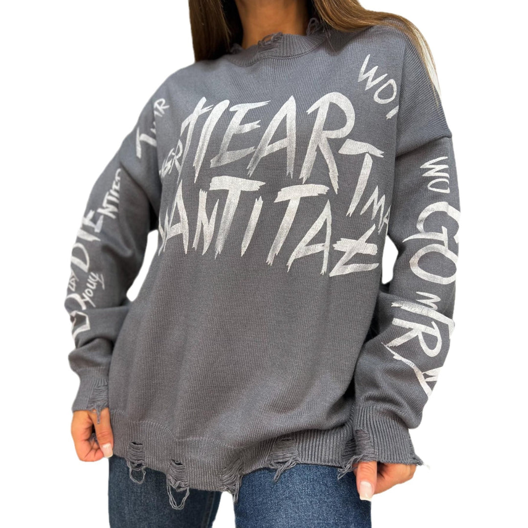 Oversized sweatshirt for women with creative inscription and trendy ripped details Lune London