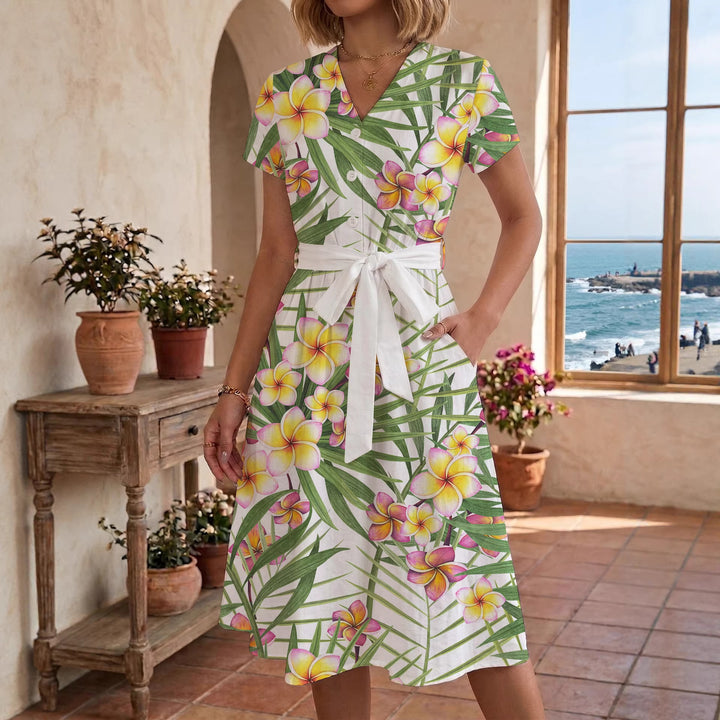 Women’s midi dress with colorful floral design and adjustable tie belt Lune London