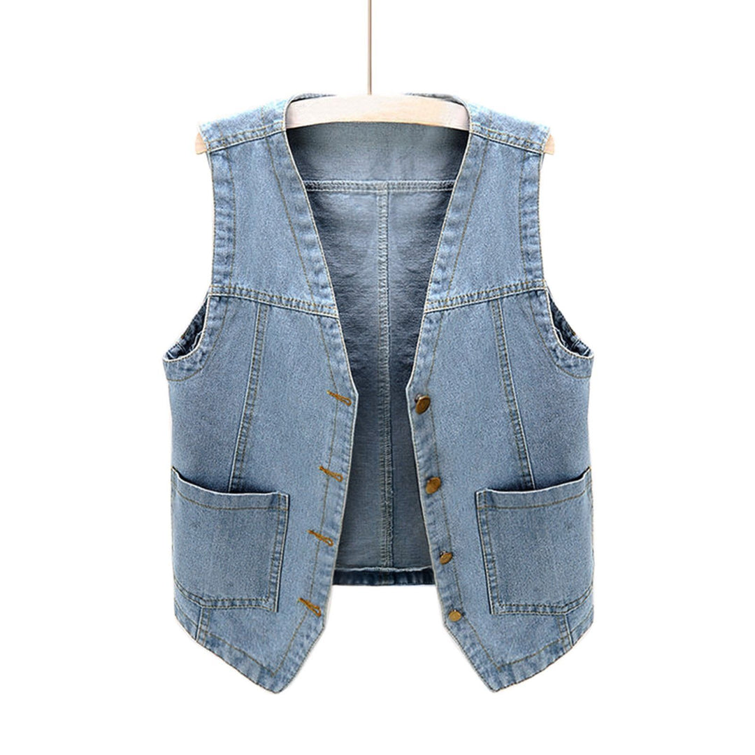 Women's Casual Denim Vest with Button Details and Patch Pockets Lune London