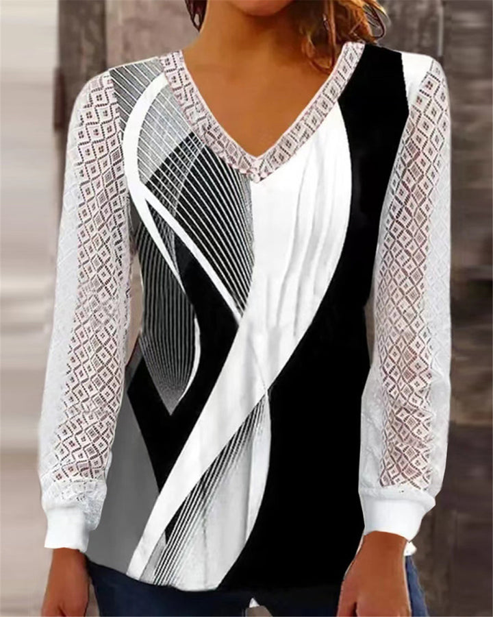 Ladies V-neck long sleeve top with an attractive geometric pattern Lune London