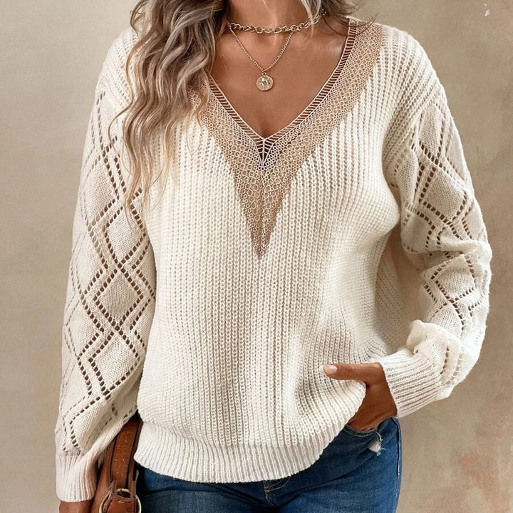 Knitted sweater for women with a refined crochet neckline Lune London
