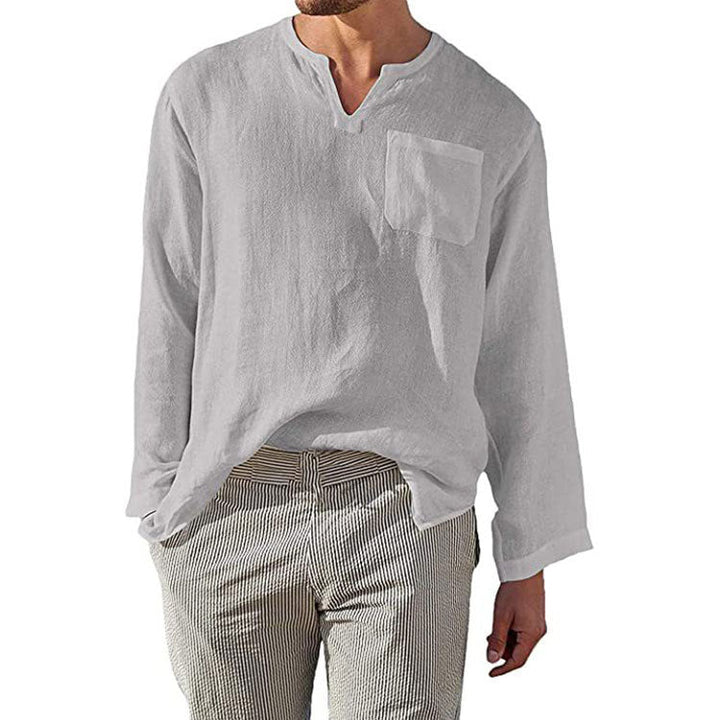 Men's Linen Long Sleeve Shirt with Henley Neckline and Chest Pocket Lune London