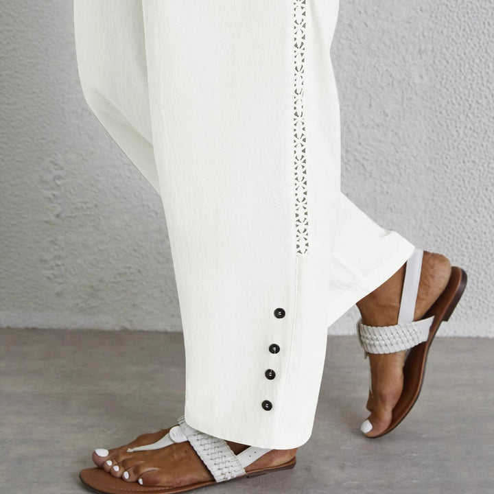 Women Elastic Waist Casual Cut Pants with Chic Button Details