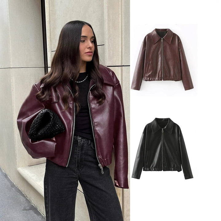 Trendy faux leather jacket for women with oversized collar Lune London