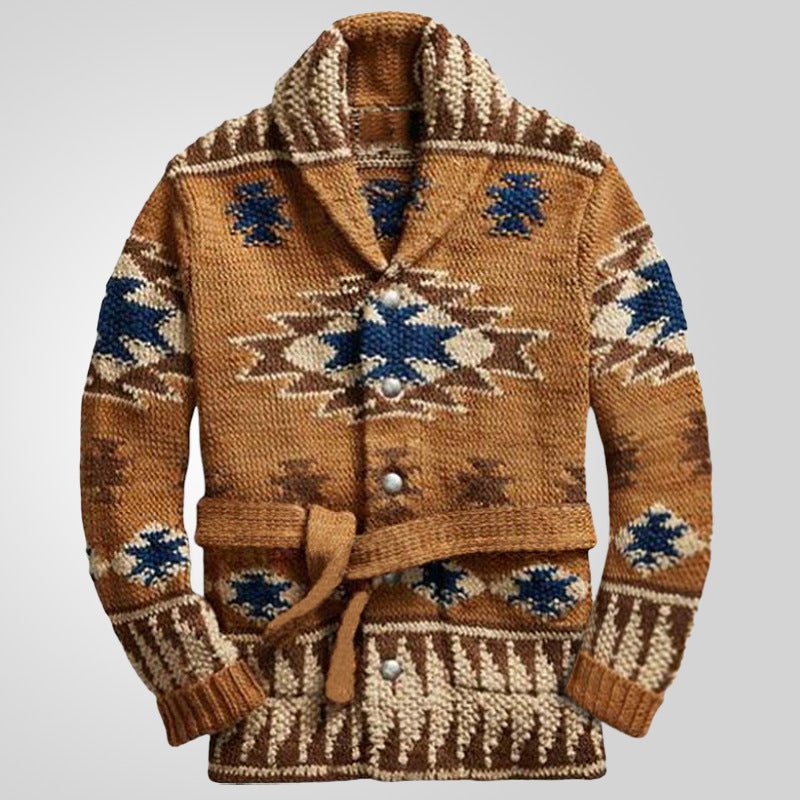 Knit jacket for women with an impressive geometric pattern and an integrated belt Lune London