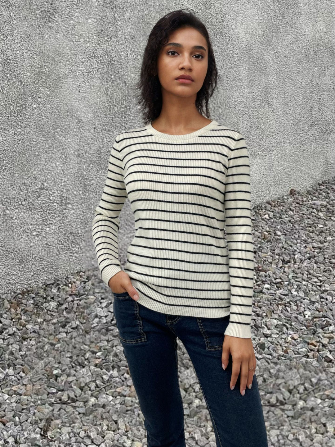 Ribbed knit pull for women with striped pattern and long sleeves Lune London