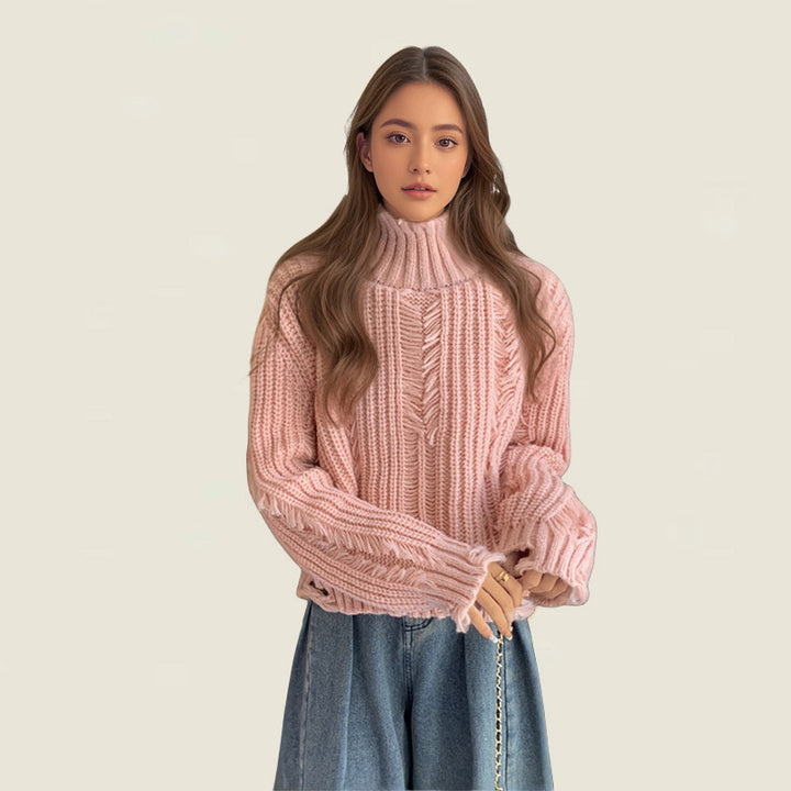 Women chunky knit sweater with high collar and structured design Lune London