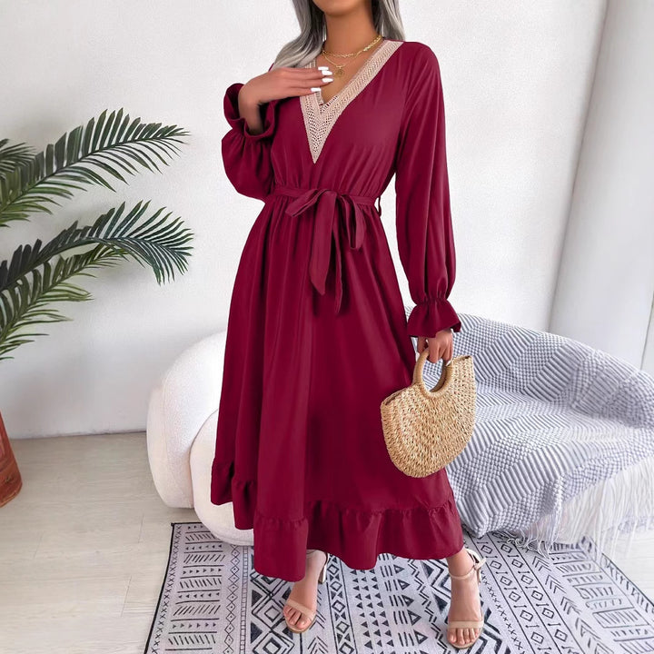 Ladies Elegant V-neck Maxi Dress with Ruffled Hem Lune London