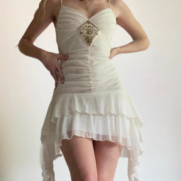 Ladies Elegant Evening Dress with Ruffle Details and Sparkling Jewelry Lune London