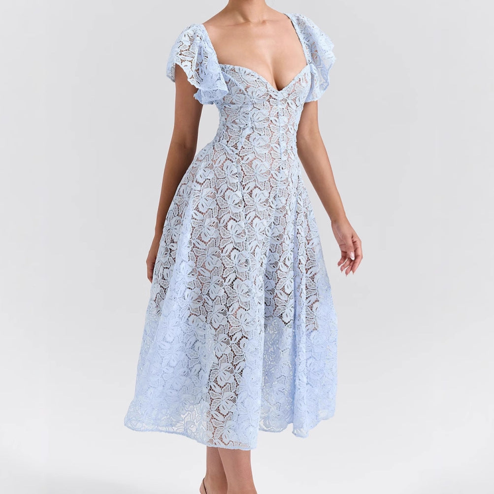 Maxi lace dress for women with voluminous ruffles and a subtle heart-shaped neckline Chic & Stil