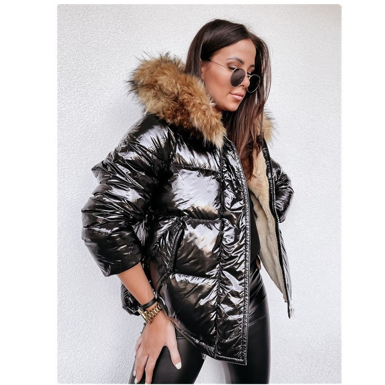 Ladies Shiny Winter Down Jacket with Removable Hood and Chic Faux Fur Collar