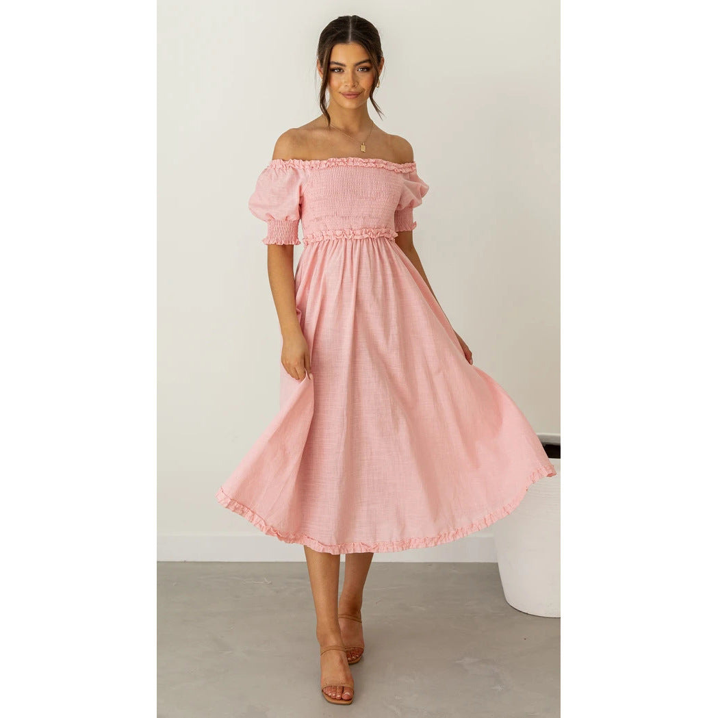 Women's Off-Shoulder Midi Dress with Airy Silhouette and Ruffle Details Lune London