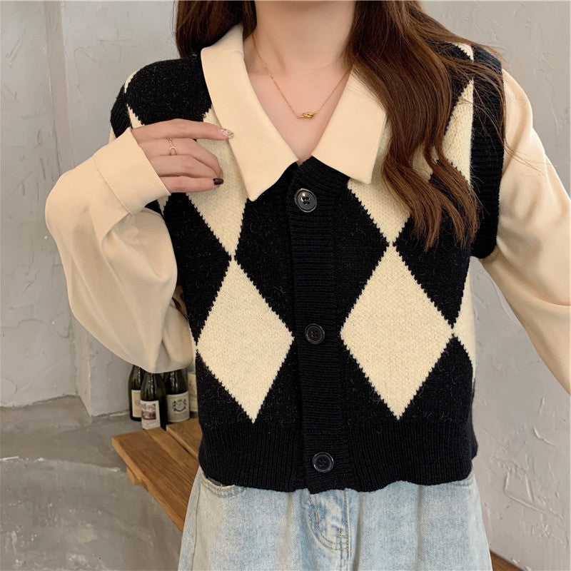 Gilet élégant pour femmes avec motif en diamant et col chemise Chic & Stil