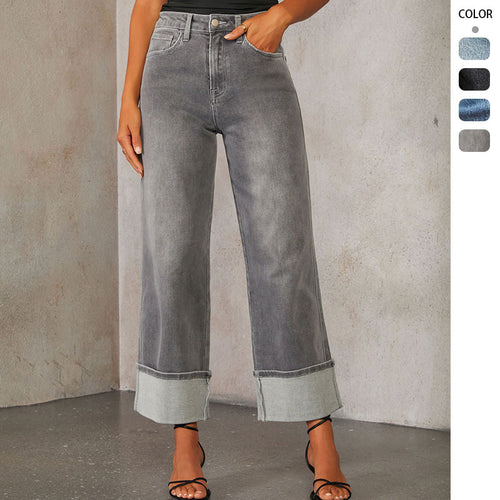 Ladies Wide Cut Jeans with Turned-Up Hem Lune London