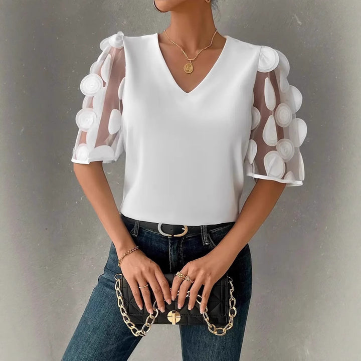 Ladies Elegant Top with Sheer Puff Sleeves and a Chic V Neck