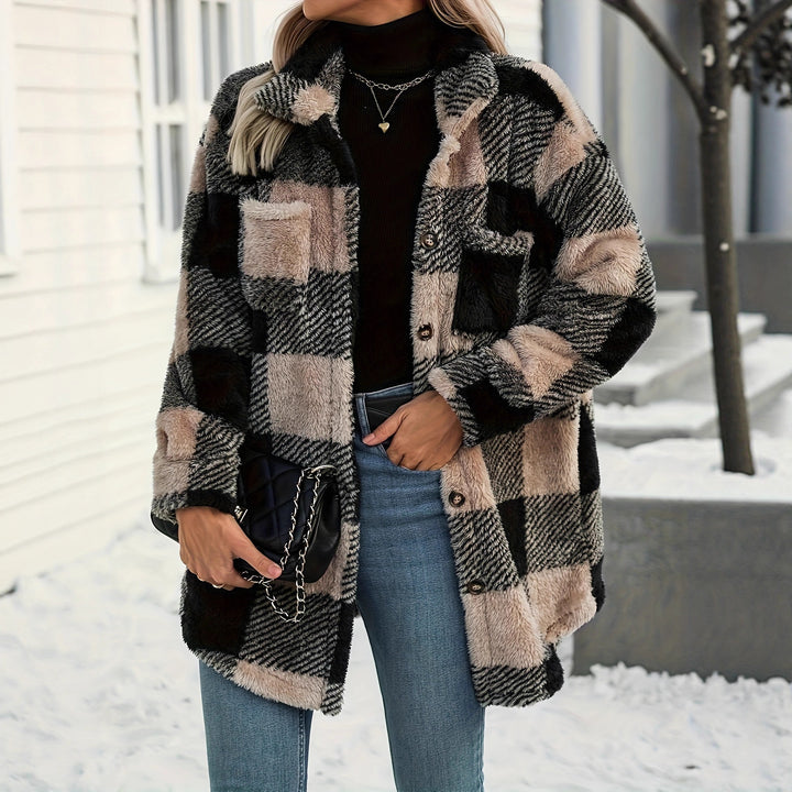 Soft overshirt jacket for women with plaid pattern and soft polyester faux fur Lune London