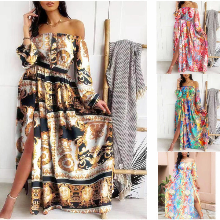 Off-shoulder maxi dress for women with elegant print Lune London