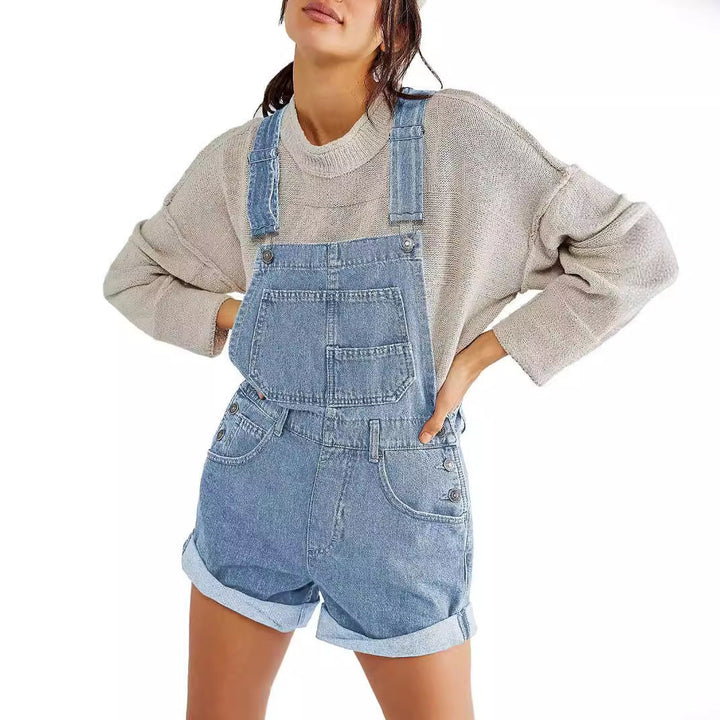 Women's Casual Denim Overalls Shorts with Functional Pockets and Adjustable Straps Lune London