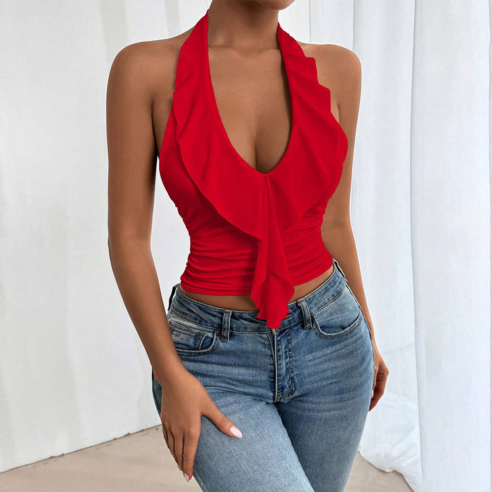 Haut femme avec bretelles dénudées en tissu fluide et design élégant à volants Chic & Stil