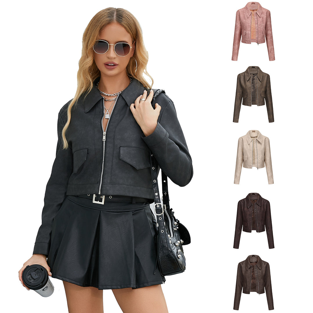 Trendy cropped synthetic leather jacket for women with classic wave collar Lune London