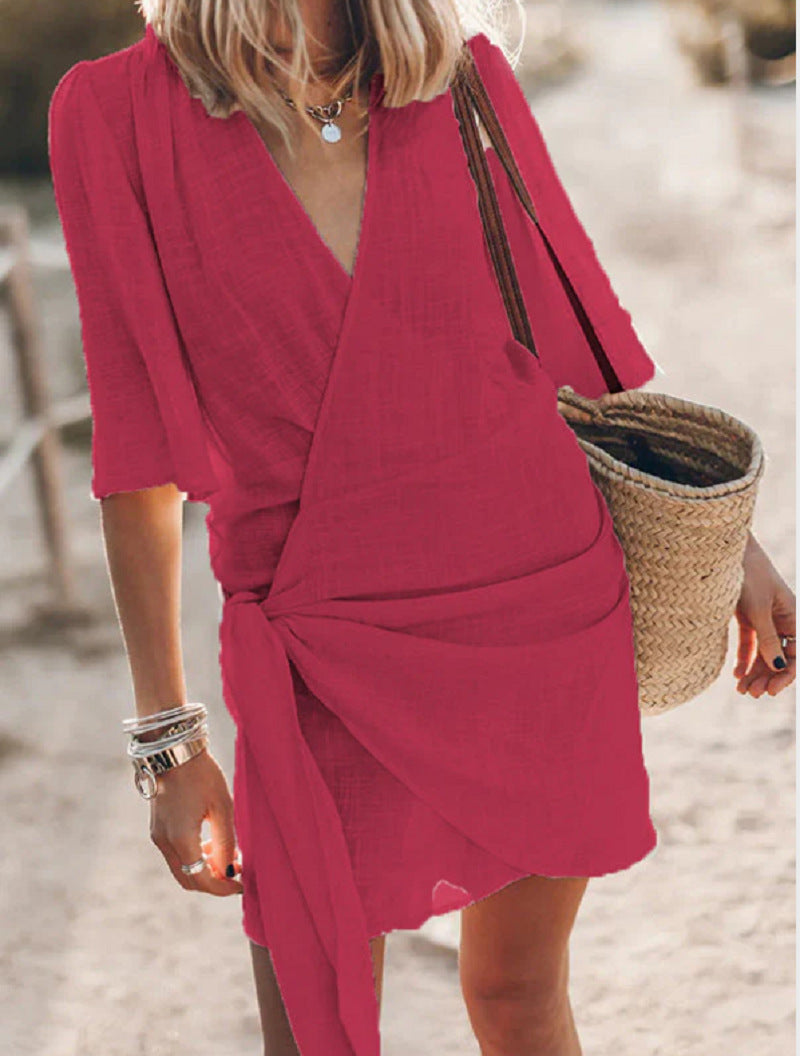Wrap dress for women with fluid cut and narrow belt Lune London