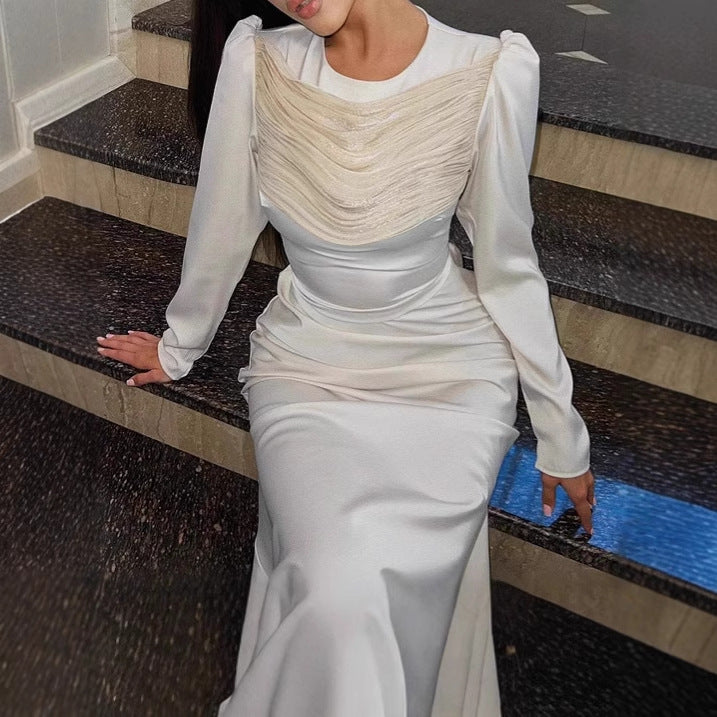 Ladies Elegant Maxi Dress with refined draping details and long sleeves Lune London