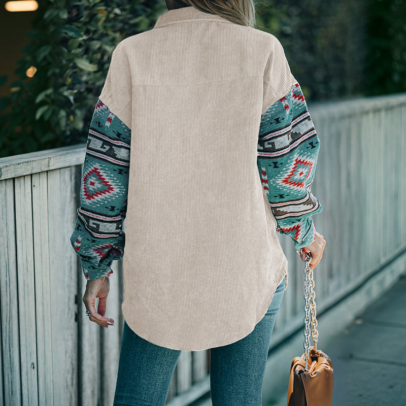 Casual women's shirt with a trendy ruffled design and colorful sleeves Lune London