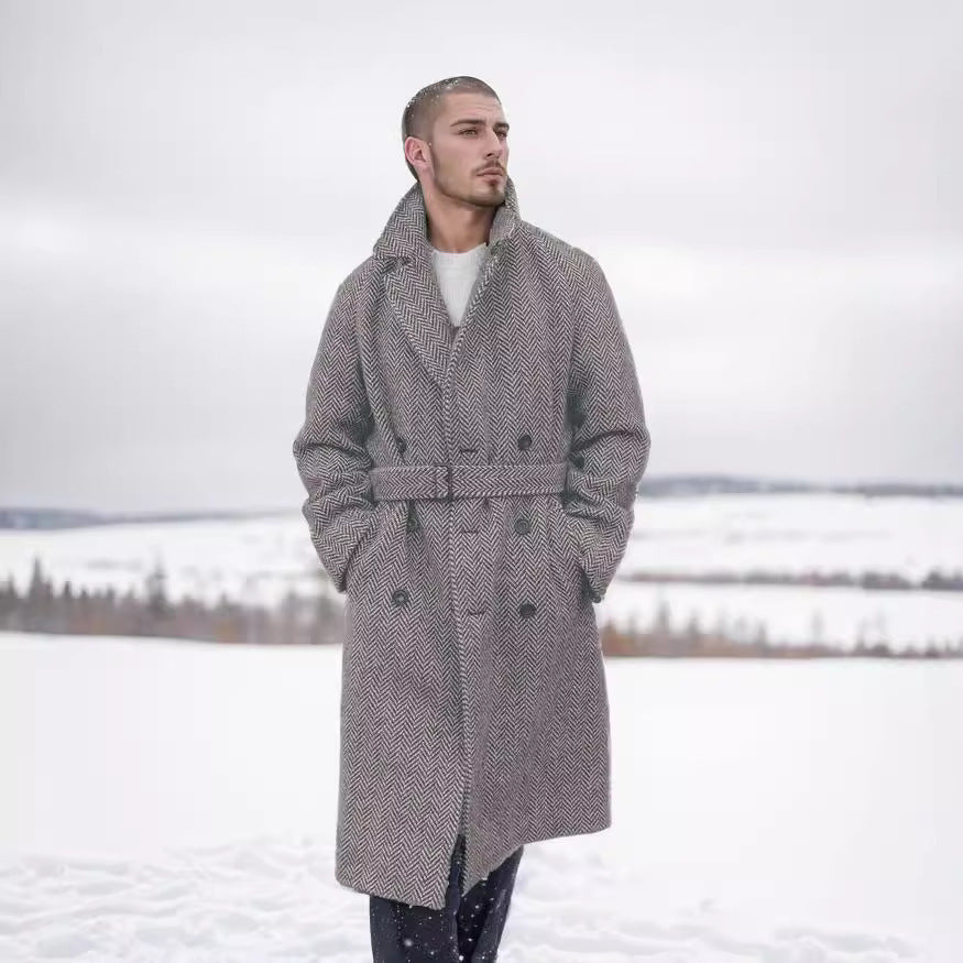 Elegant wool coat for men with belt in a classic houndstooth pattern Lune London