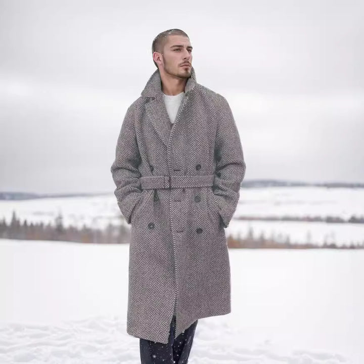 Elegant wool coat for men with belt in a classic houndstooth pattern Lune London
