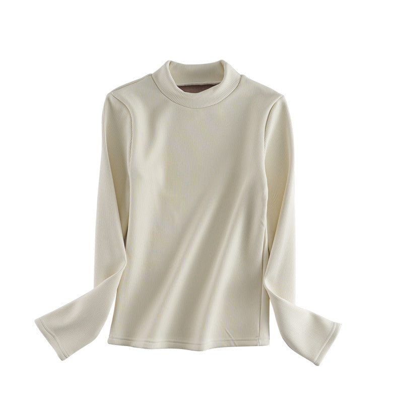 Women's long sleeve shirt with fashionable turtleneck and color-coordinated hem.