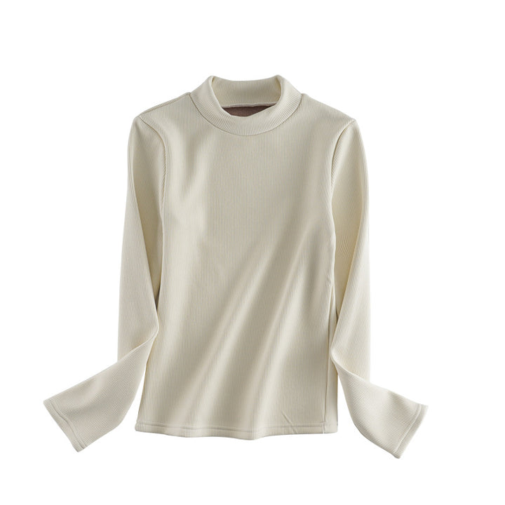 Women's long sleeve shirt with fashionable turtleneck and color-coordinated hem.