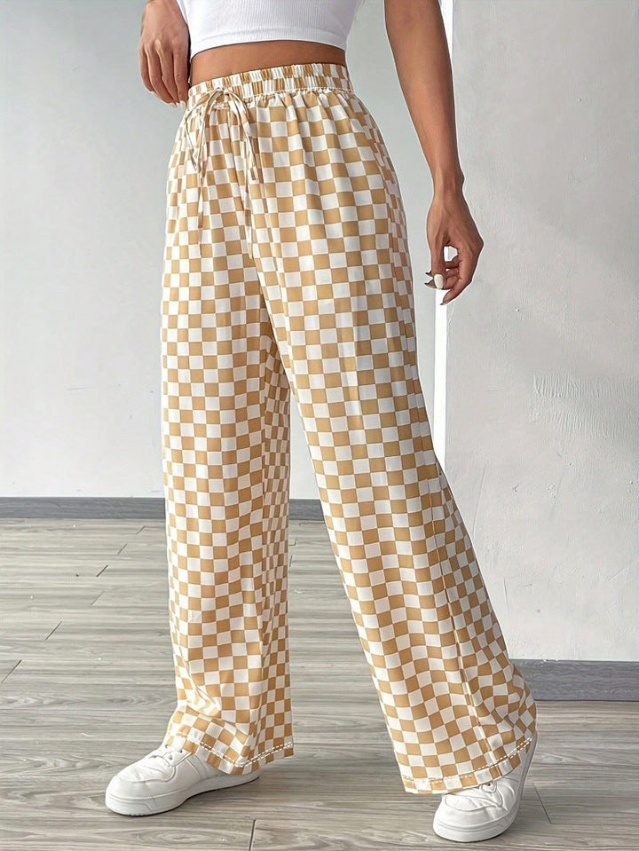 Lune London | Women's Wide Casual Pants with Checkered Pattern and Elastic Waistband