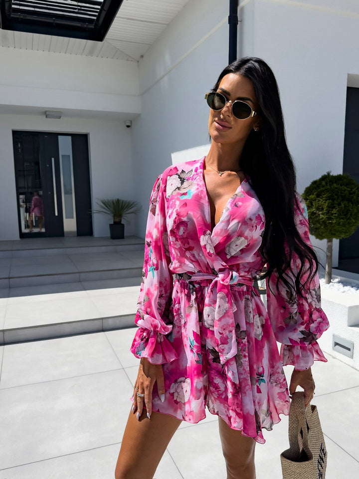 Floral print wrap dress for women with tied sleeves Lune London