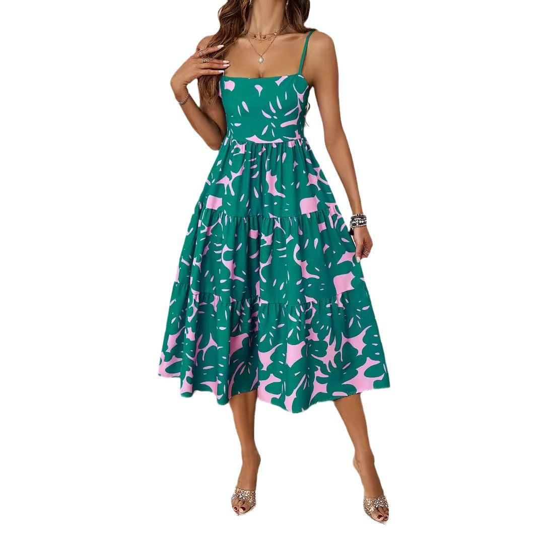 Ladies knee-length casual dress in modern layering design with colorful pattern