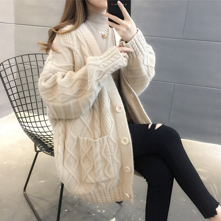 Ladies Waffle Knit Oversized Cardigan with pockets and button detail Lune London