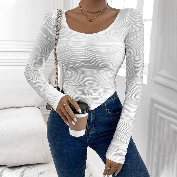 Women's long sleeve top with textured wavy pattern and plunging neckline Lune London