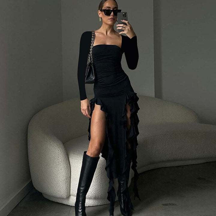 Ladies Elegant Wrap Dress with Ruffle Details and Deep Slit Lune London