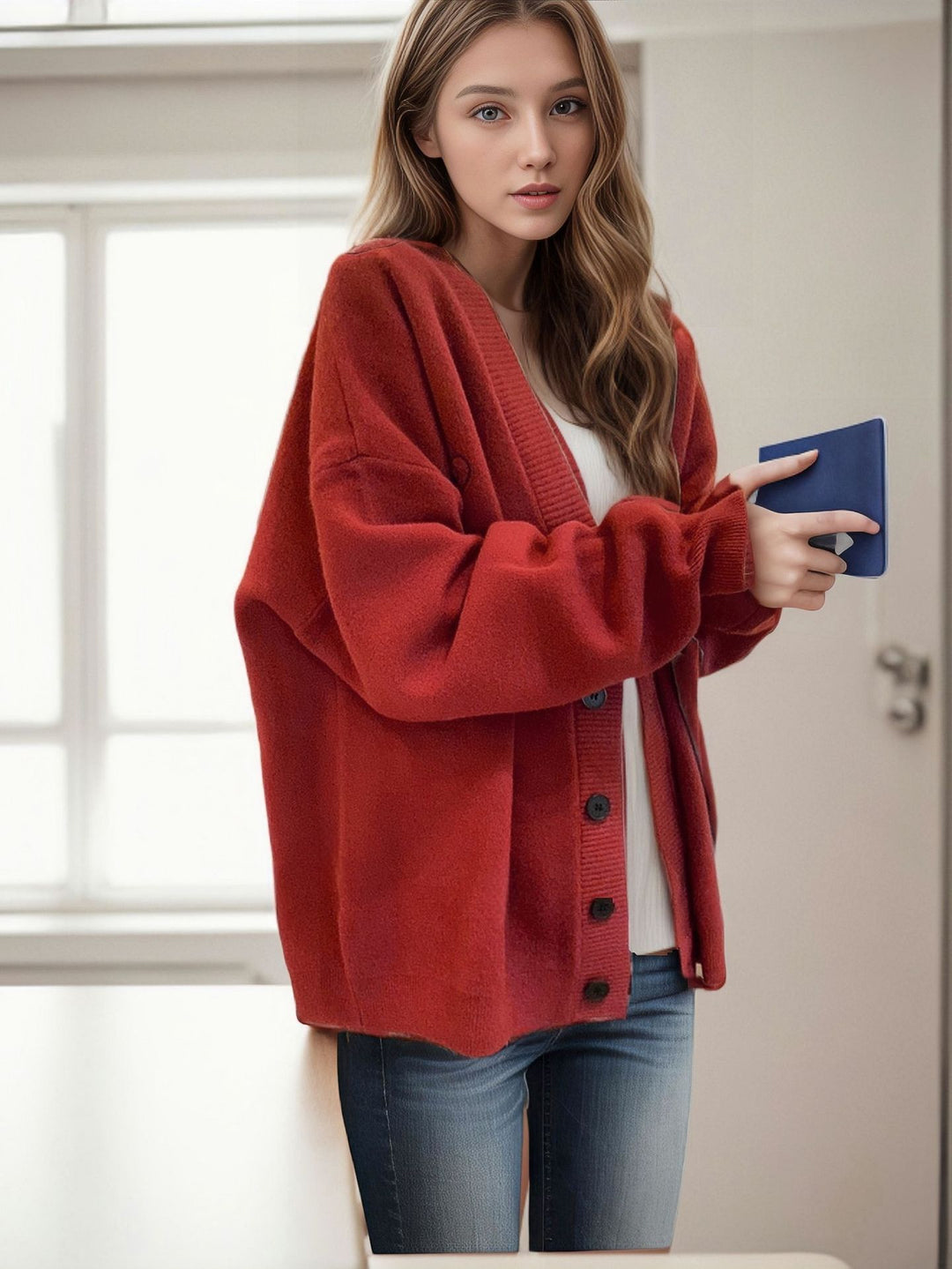 Ladies Chunky Knit Cardigan with oversized cut and decorative heart pattern Lune London
