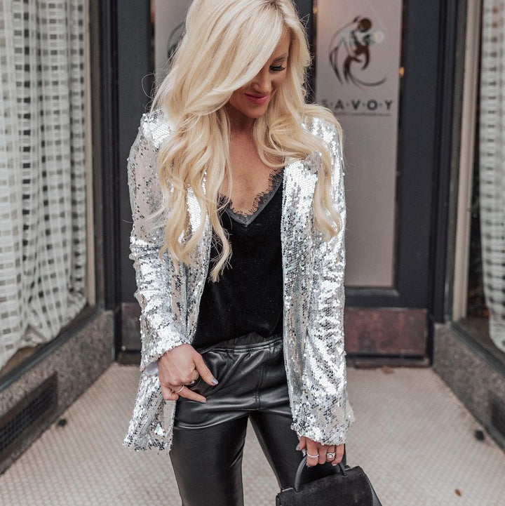 Ladies Glamorous Blazer Jacket with Sequin Trim and Long Sleeve Lune London