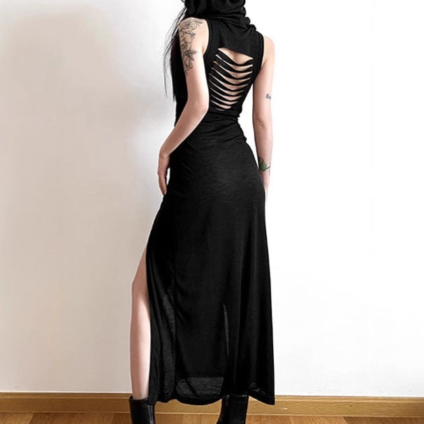 Ladies Elegant Maxi Dress with High Split and Chic Hood