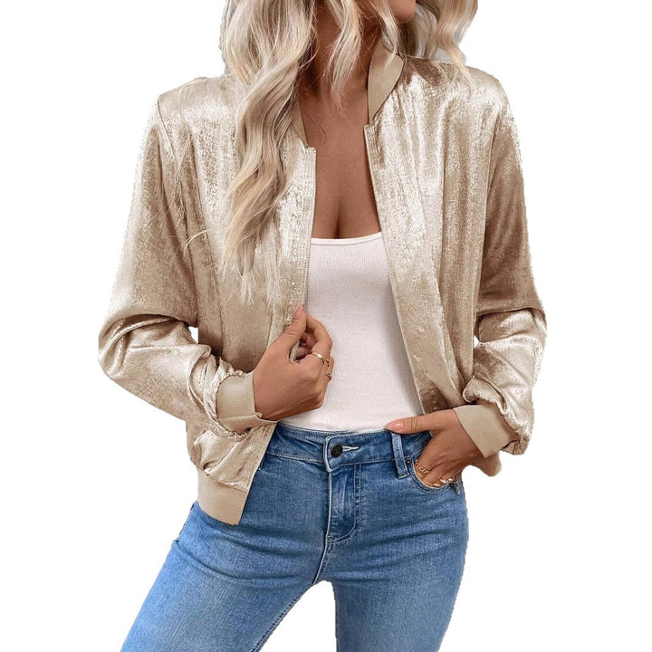 Shiny bomber jacket for women with elastic waist and side pockets Lune London