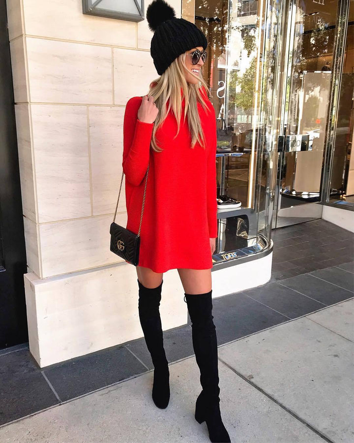 Oversized knitted dress for women with a high collar and puff sleeves Lune London