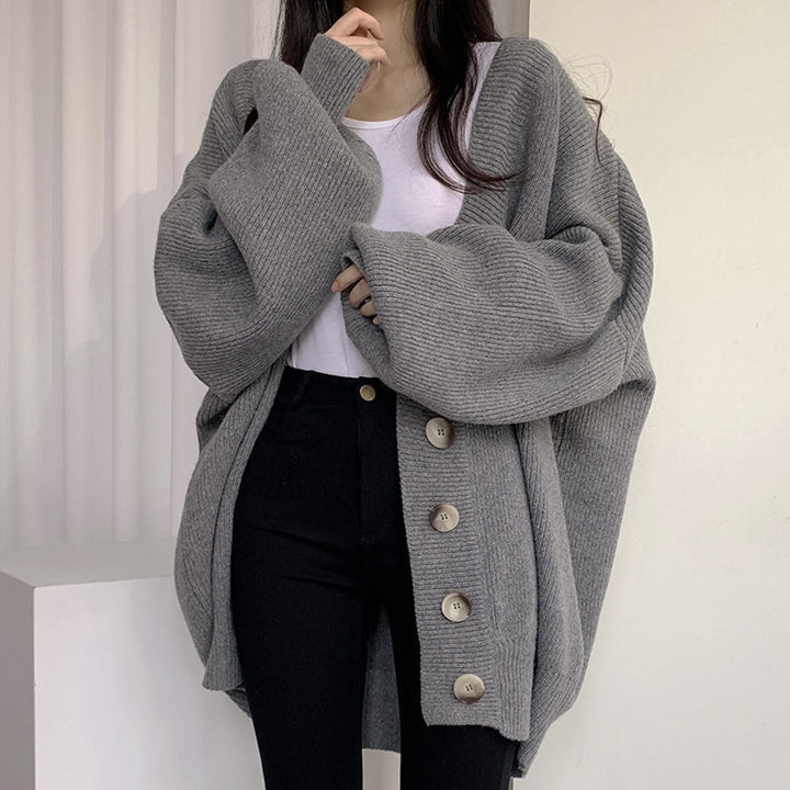 Ladies large knit cardigan with oversized cut and decorative buttons Lune London