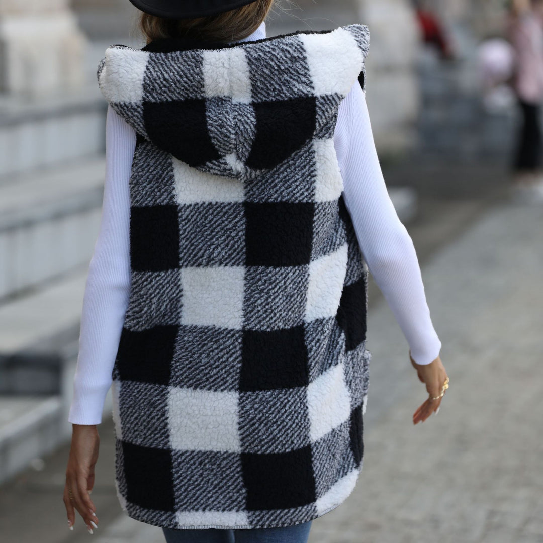 Ladies fleece vest with hood and check pattern Lune London