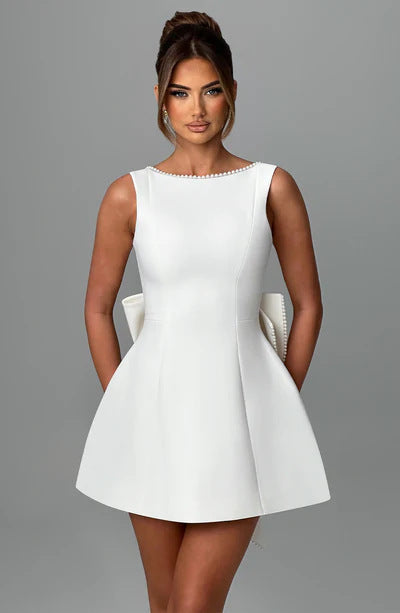 Women Elegant Sculptural Mini Dress with Pearl Decoration Lune London